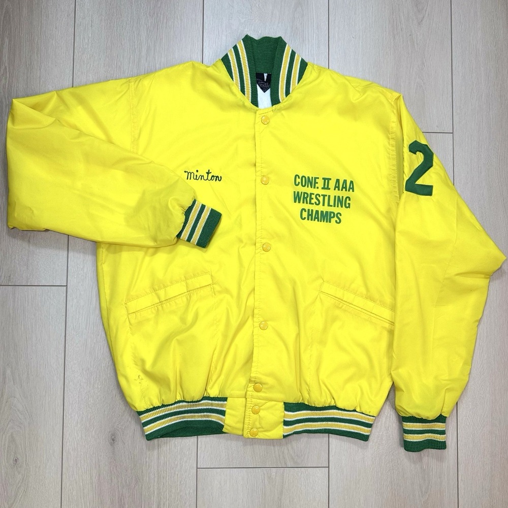VTG Windless Berea Wrestling Champs Jacket Mens Large‎ Yellow Green Snap Varsity